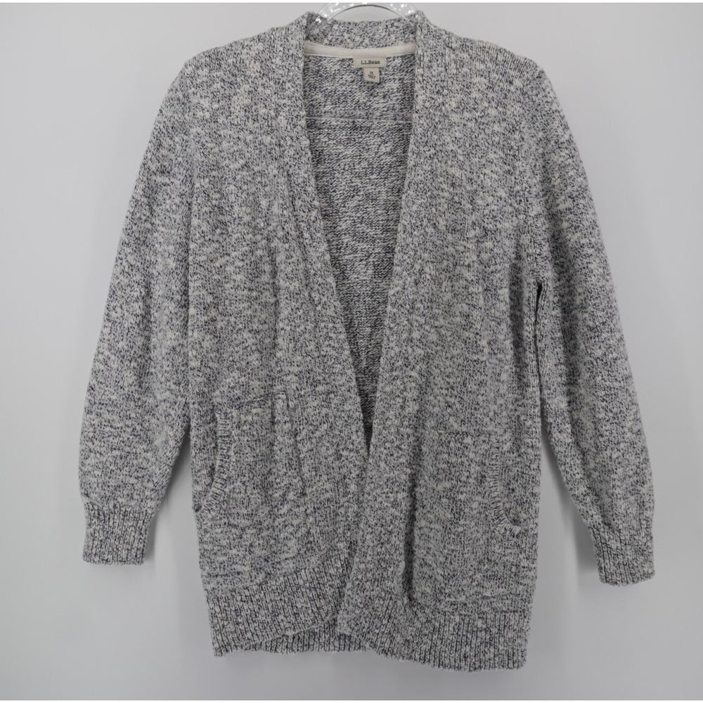 LL Bean Blue White Marled Cotton Open Front Cardigan Sweater M Petite ID 504150